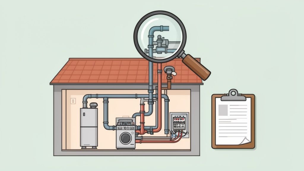 Querschnitt eines Hauses zeigt Rohrleitungen, Heizung, Waschmaschine und Sicherungskasten mit Lupe und Klemmbrett.