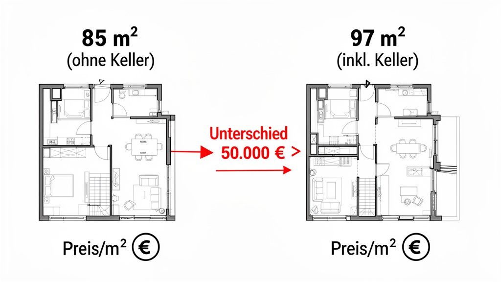Vergleich zweier Grundrisse: 85 m² ohne Keller und 97 m² inklusive Keller, mit einem Preisunterschied von über 50.000 €.