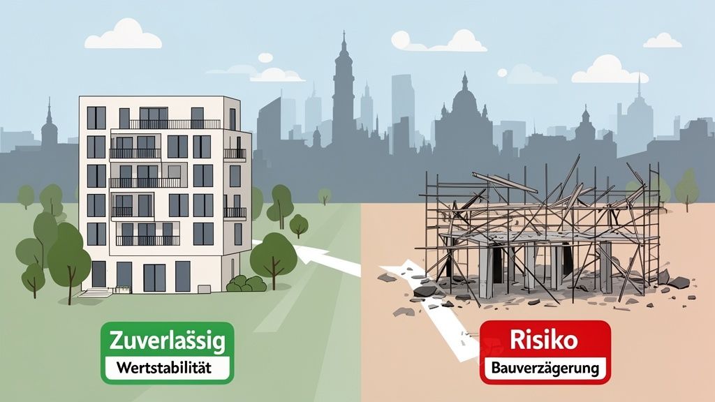 Gegenüberstellung: Ein fertiges Wohngebäude steht für Zuverlässigkeit und Wertstabilität, während eine eingestürzte Baustelle Risiko und Bauverzögerung darstellt.