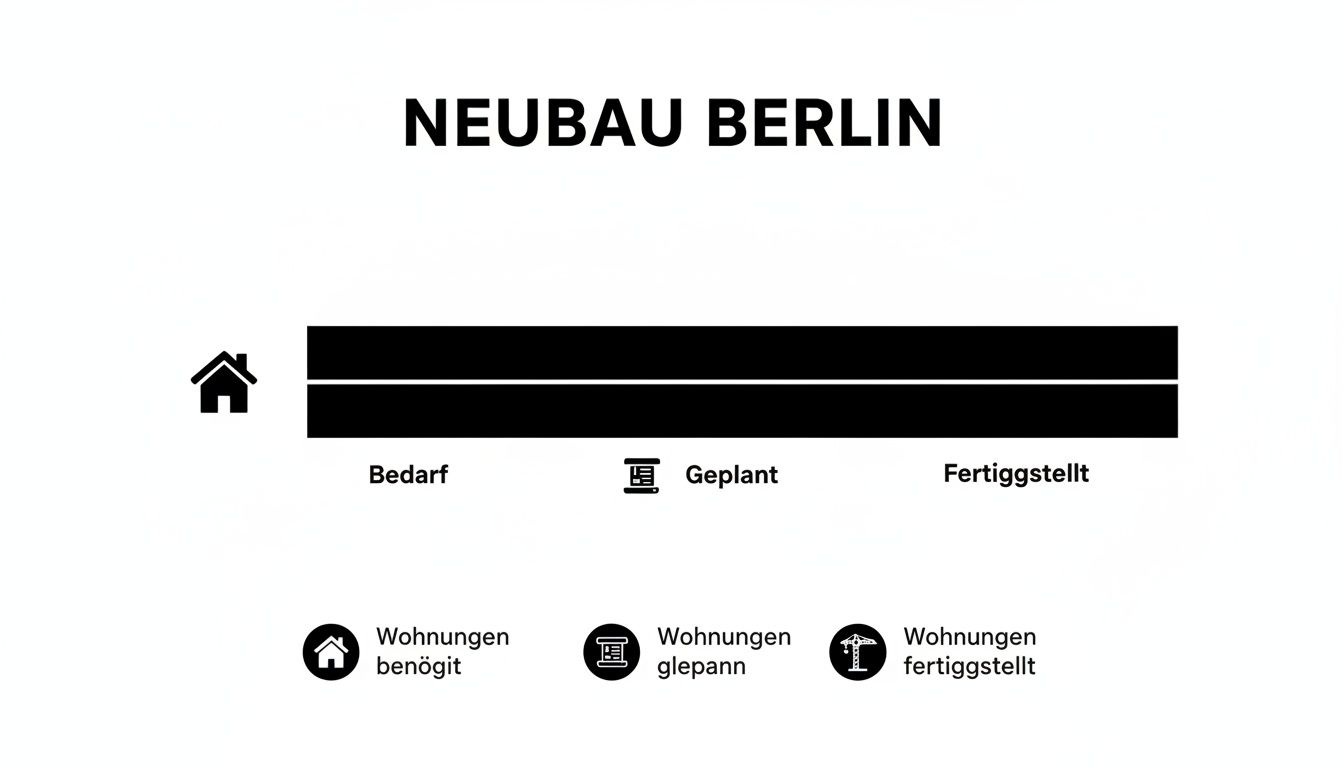 Infografik zum Neubau von Wohnungen in Berlin, zeigt den Bedarf, geplante und fertiggestellte Einheiten.