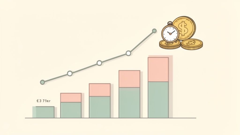 Diagramm zeigt finanzielle Entwicklung über Zeit mit steigenden Balken, Liniengraph, Uhr und Münzen.