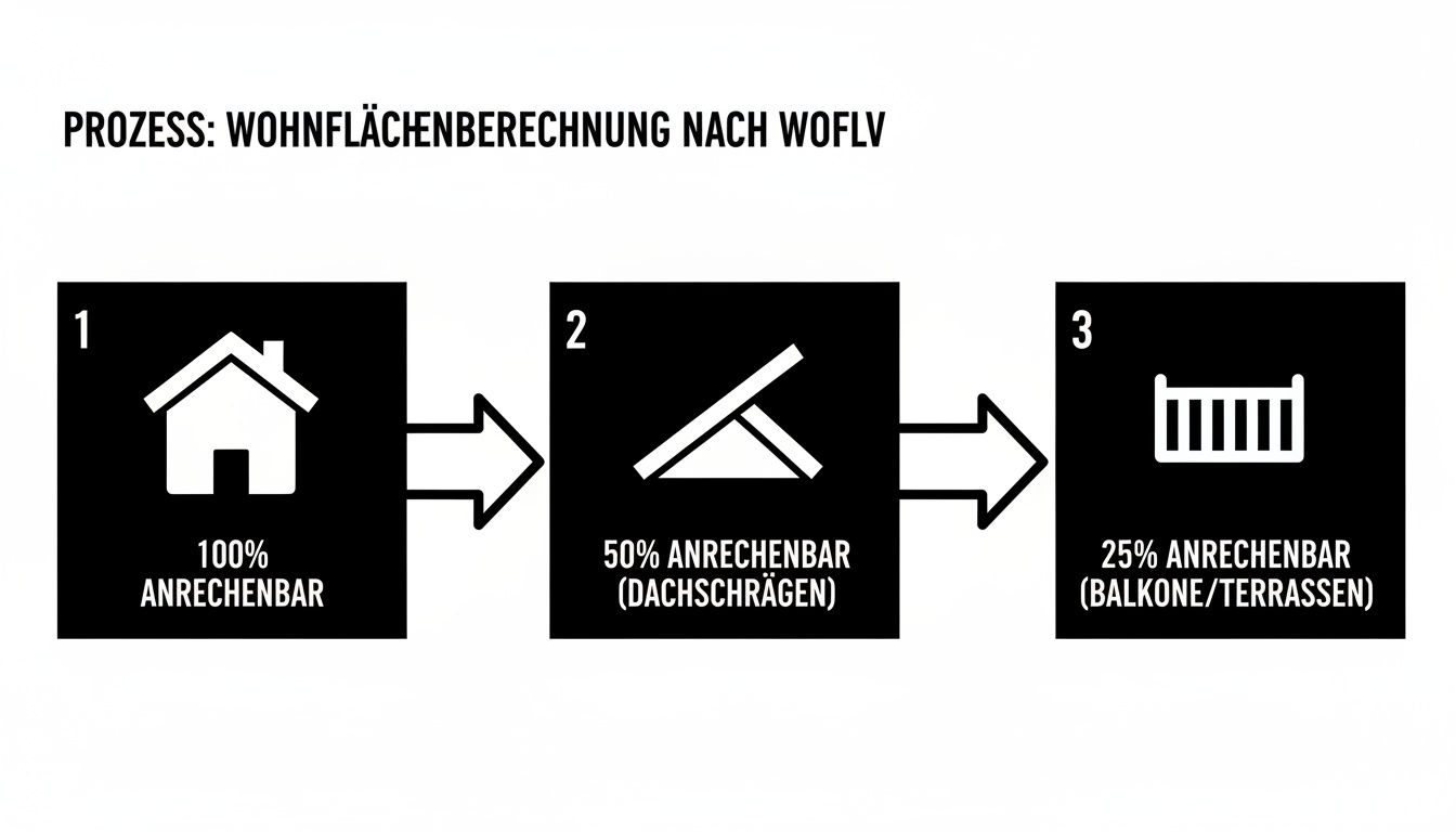 Grafik zur Wohnflächenberechnung nach WoFLV: Haus (100%), Dachschrägen (50%), Balkone/Terrassen (25%).