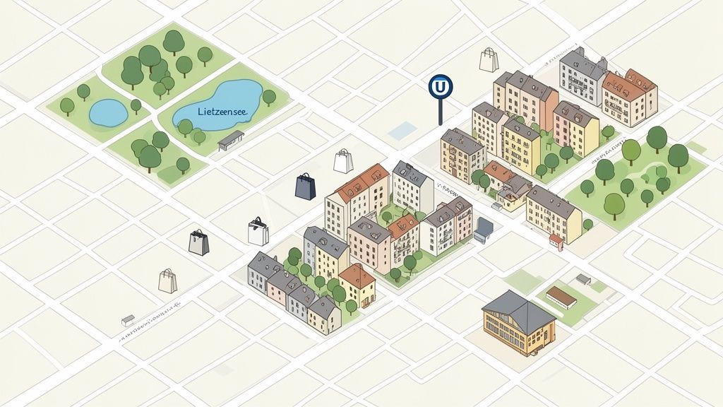 Isometrische Karte von Berlin-Charlottenburg mit Wohngebäuden, dem Lietzensee und einer U-Bahn-Station.