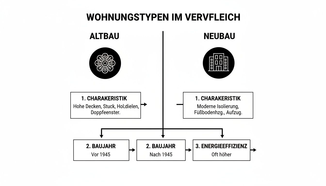 Infografik zum Vergleich von Wohnungstypen: Altbau (hohe Decken, Stuck) vs. Neubau (moderne Isolierung, Fußbodenheizung).