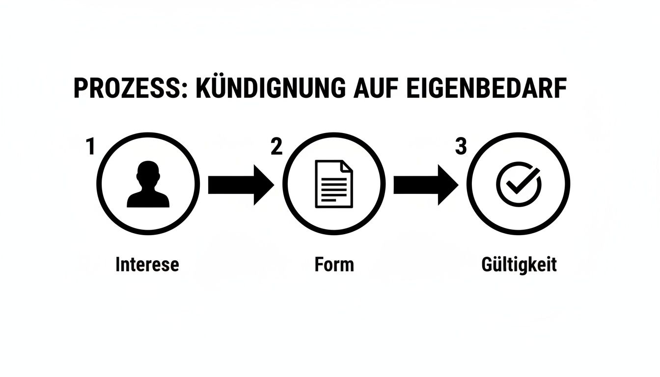 Infografik: Prozess Kündigung auf Eigenbedarf mit Schritten Interesse, Form und Gültigkeit.