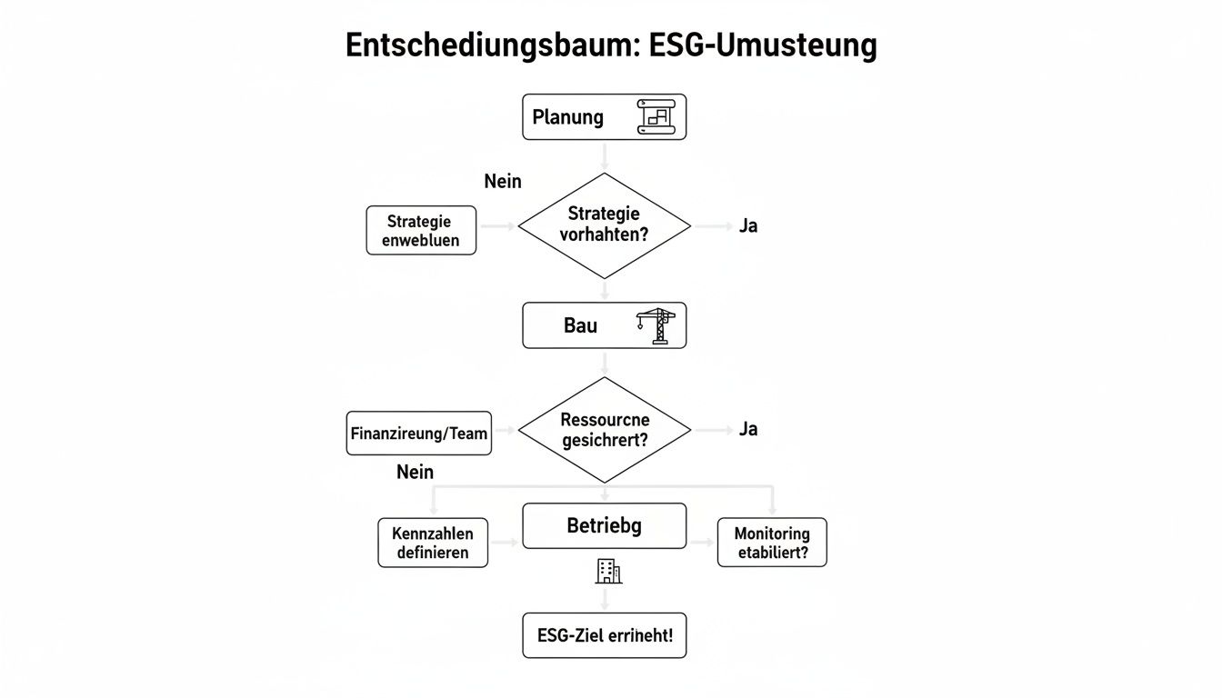 Flussdiagramm eines Entscheidungsbaums zur ESG-Umsetzung mit Phasen von Planung bis Zielerreichung, inklusive Strategie und Ressourcen.