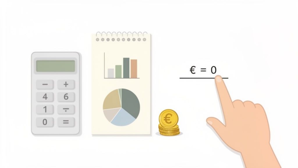 Rechner, Notizbuch mit Diagrammen, Euro-Münzen und eine Hand, die auf '€ = 0' zeigt, für Finanzplanung.