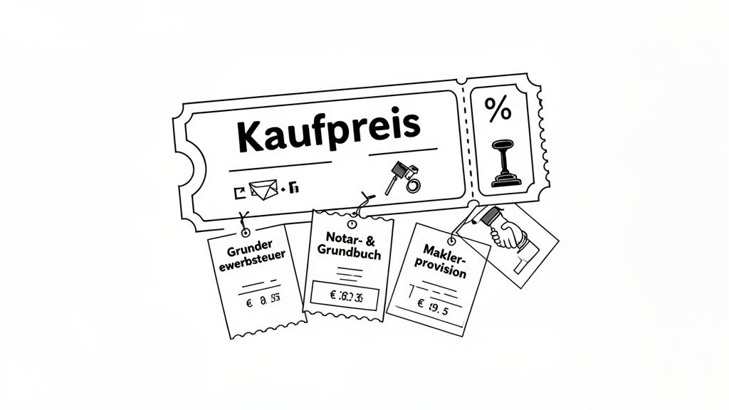 Illustration des Kaufpreises einer Immobilie mit zugehörigen Kosten wie Grunderwerbsteuer, Notar- und Grundbuchgebühren sowie Maklerprovision.