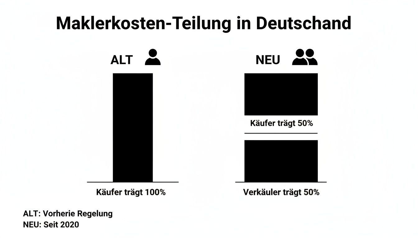 Grafik zur Maklerkosten-Teilung in Deutschland: Alt (Käufer 100%) vs. Neu seit 2020 (Käufer und Verkäufer je 50%).