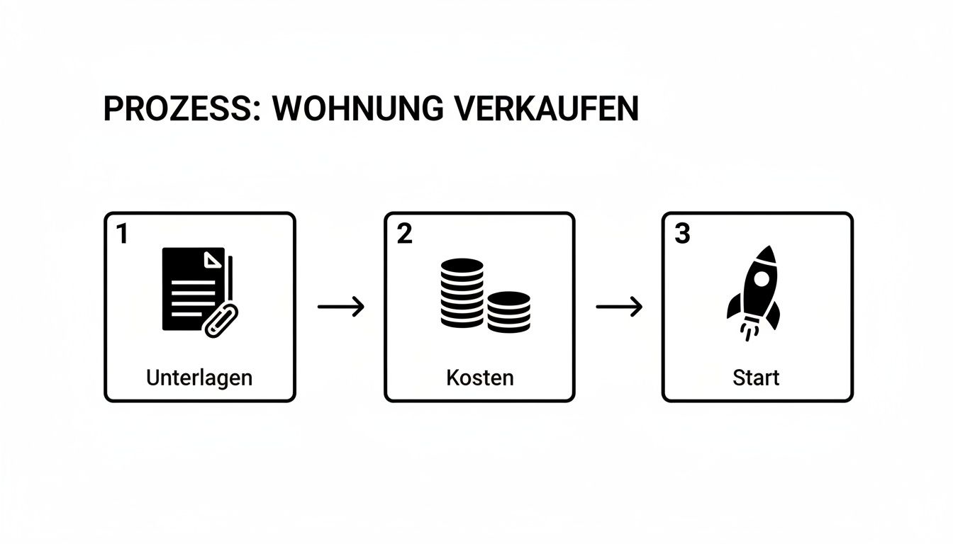 Infografik zum Prozess des Wohnungsverkaufs, unterteilt in die Schritte Unterlagen, Kosten und Start mit entsprechenden Icons.