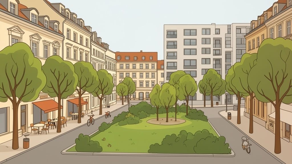 Belebte Stadtstraße mit Gebäuden, vielen Bäumen, einem kleinen Park und Cafés im Freien.