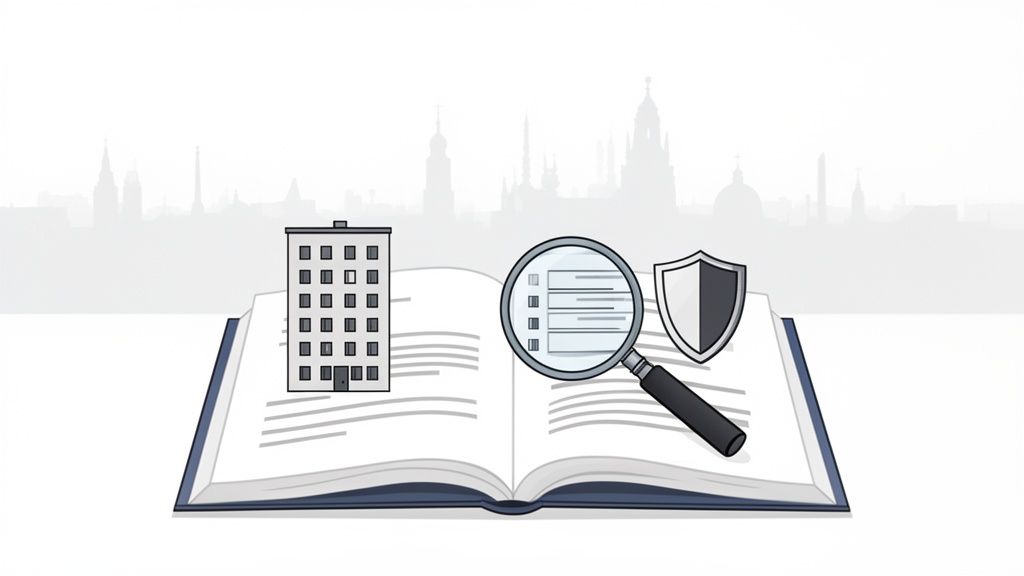 Gebäude, offenes Buch mit Checkliste unter Lupe und Schutzschild vor Stadtsilhouette.