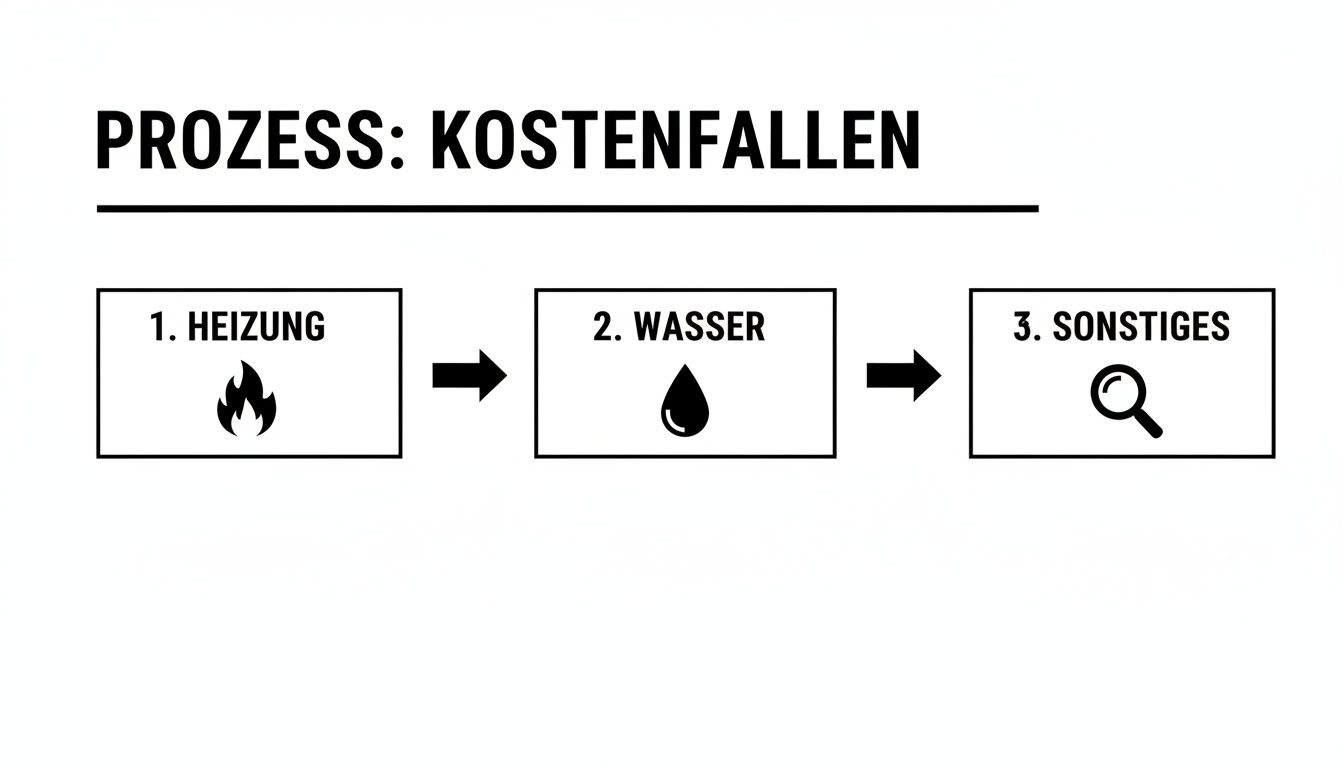 Prozessdiagramm zu Kostenfallen bei Nebenkosten, aufgeteilt in Heizung, Wasser und Sonstiges, mit entsprechenden Symbolen.