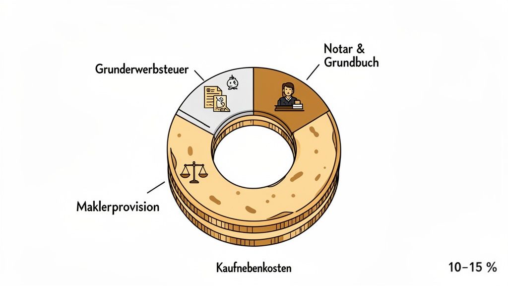 Donut-Diagramm zeigt die Aufteilung der Kaufnebenkosten beim Immobilienerwerb in Grunderwerbsteuer, Notar & Grundbuch und Maklerprovision. Insgesamt 10-15%.