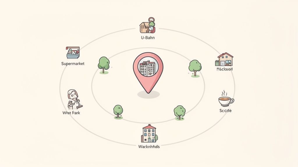 Karte zeigt zentrale Wohnlage mit Supermarkt, U-Bahn, Schule, Café, Park und weiteren Orten in der Nähe.