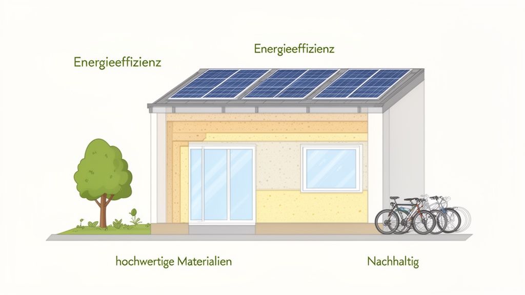 Illustration eines energieeffizienten und nachhaltigen Hauses mit Solarmodulen, Dämmung, Baum und Fahrrädern.