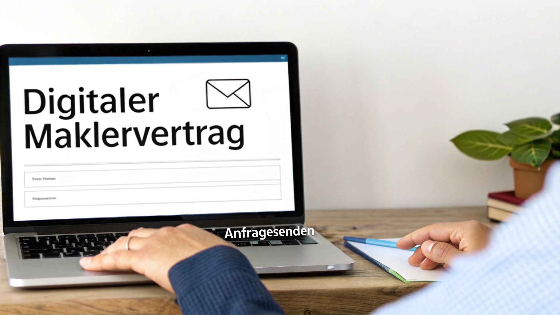 Eine Person am Laptop füllt einen digitalen Maklervertrag aus. Der Bildschirm zeigt 'Digitaler Maklervertrag' und 'Anfragesenden'.