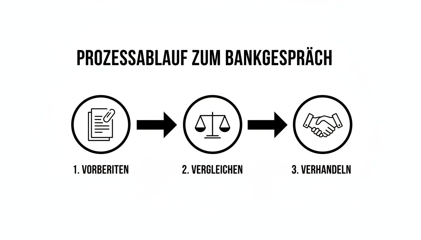 Prozessablauf zum Bankgespräch mit drei Schritten: Vorbereiten (Dokumente), Vergleichen (Waage), Verhandeln (Handschlag).