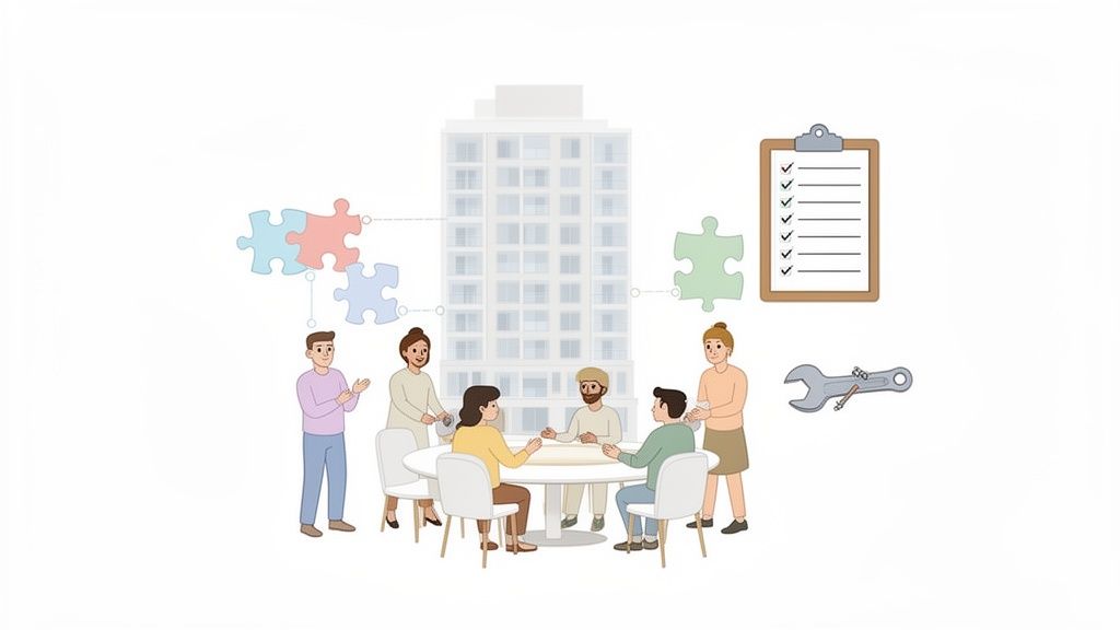 Illustration von Menschen, die an einem Tisch über ein Gebäude, Puzzles und eine Aufgabenliste sprechen.