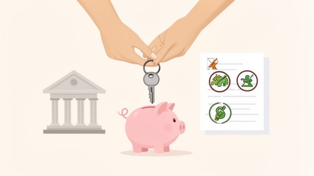 Hände halten einen Schlüssel über ein Sparschwein, daneben ein Bankgebäude und ein Dokument mit Symbolen für Sparen und Investitionen.