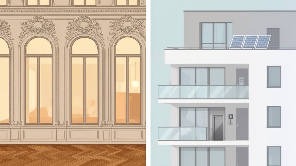 Vergleich von klassischer und moderner Architektur: ein prächtiger Innenraum mit Holzboden und ein modernes Gebäude mit Solarmodulen.