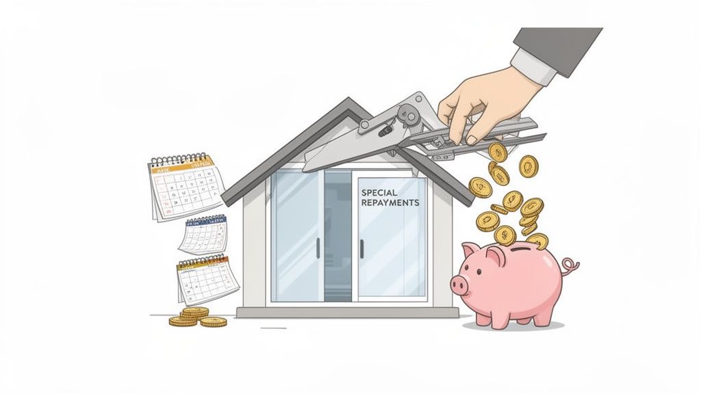 Eine Illustration, die zeigt, wie Sondertilgungen (Special Repayments) die Laufzeit verkürzen und Geld in ein Sparschwein sparen.