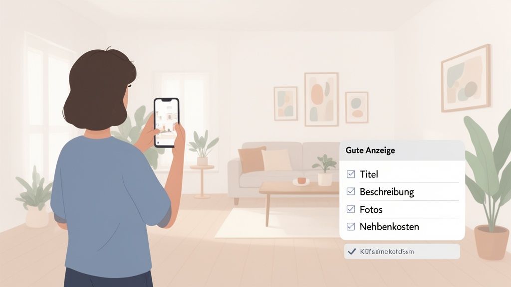 Eine Person fotografiert ein Wohnzimmer mit ihrem Smartphone, während eine Checkliste für eine gute Wohnungsanzeige eingeblendet ist.