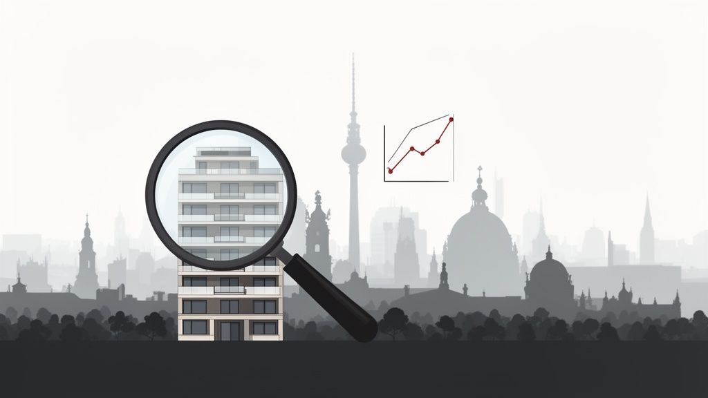 Lupe auf Eigentumswohnung in einer Stadtkulisse, daneben eine Grafik für Immobilienrenditeanalyse.