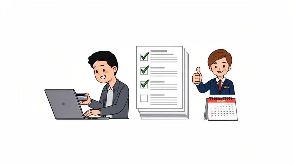 Cartoon-Illustration: Ein Mann zahlt online, Dokumente werden bearbeitet und ein Notar gibt seine Zustimmung.