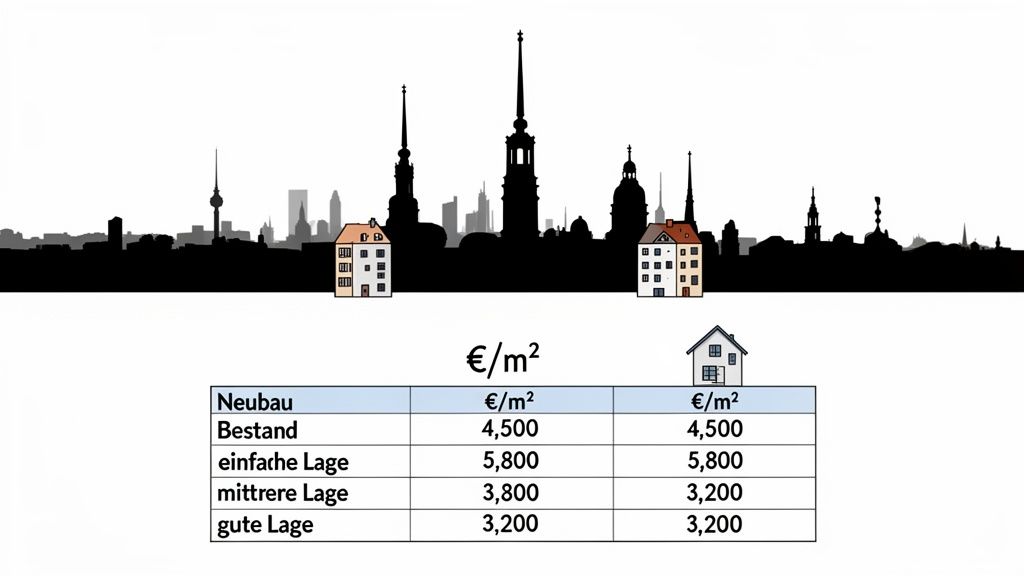 Die Grafik zeigt Immobilienpreise pro Quadratmeter für Neubau und Bestand in verschiedenen Lagen einer Stadt.