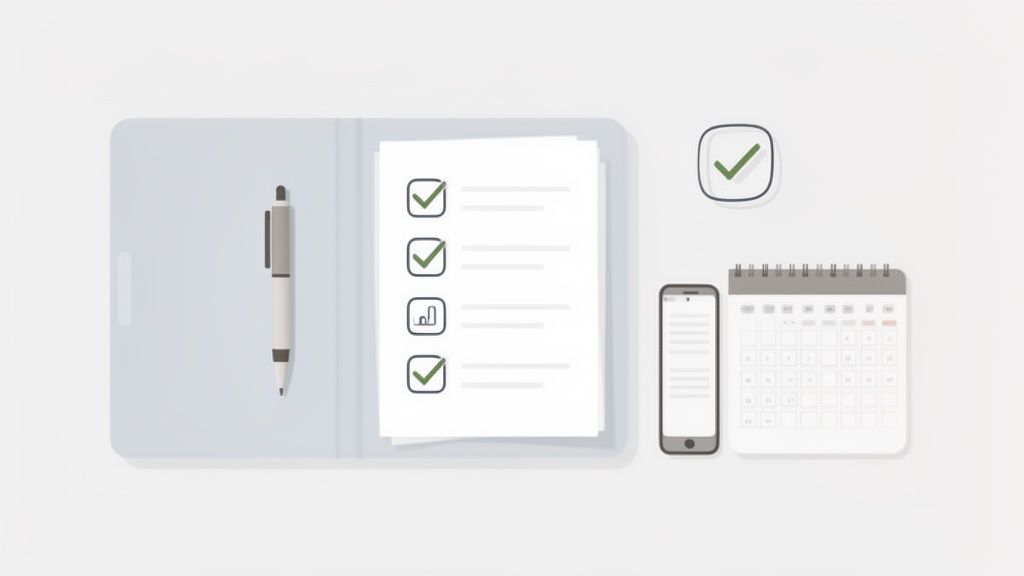 Eine flache Darstellung von Büroartikeln, darunter ein Notizbuch, Stift, Aufgabenliste, Smartphone und Kalender, die Produktivität und Organisation symbolisieren.