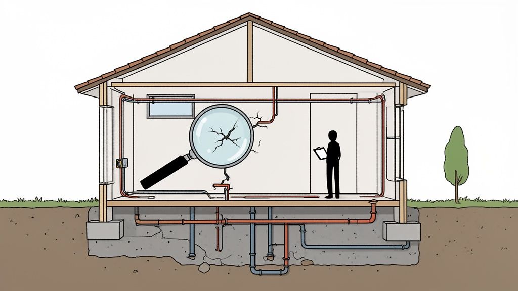 Hausquerschnitt mit Gutachter, der Risse in der Wand und im Fundament mit einer Lupe untersucht.
