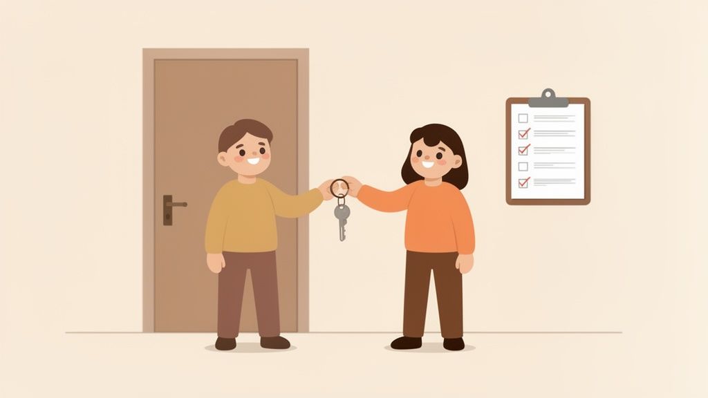 Glückliche Personen tauschen Wohnungsschlüssel aus, mit einer erledigten Checkliste im Hintergrund.