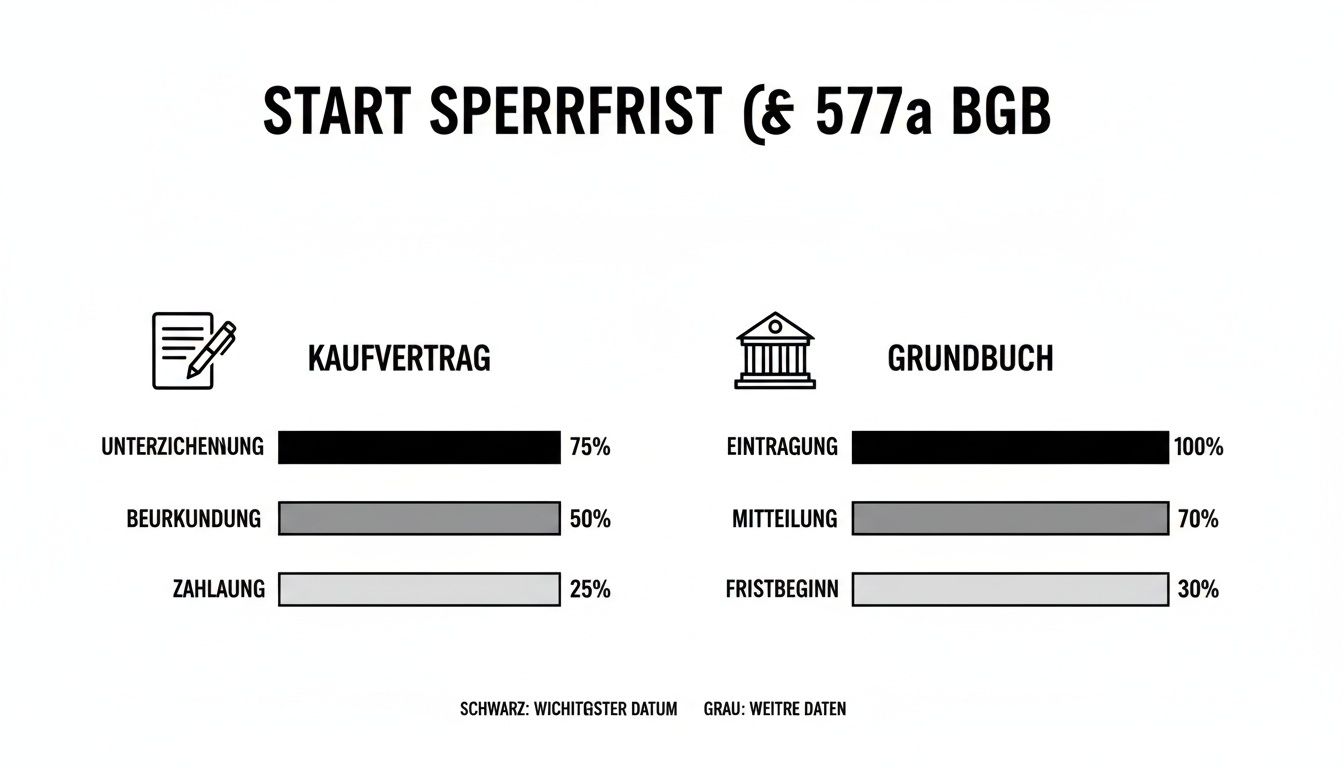 Infografik zum Start der Sperrfrist (§ 577a BGB) mit Zeitlinien für Kaufvertrag und Grundbucheintragung.