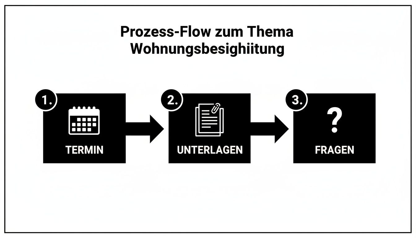 Prozess-Flow zur Wohnungsbesichtigung: Termin vereinbaren, Unterlagen vorbereiten und Fragen klären – ein Leitfaden.