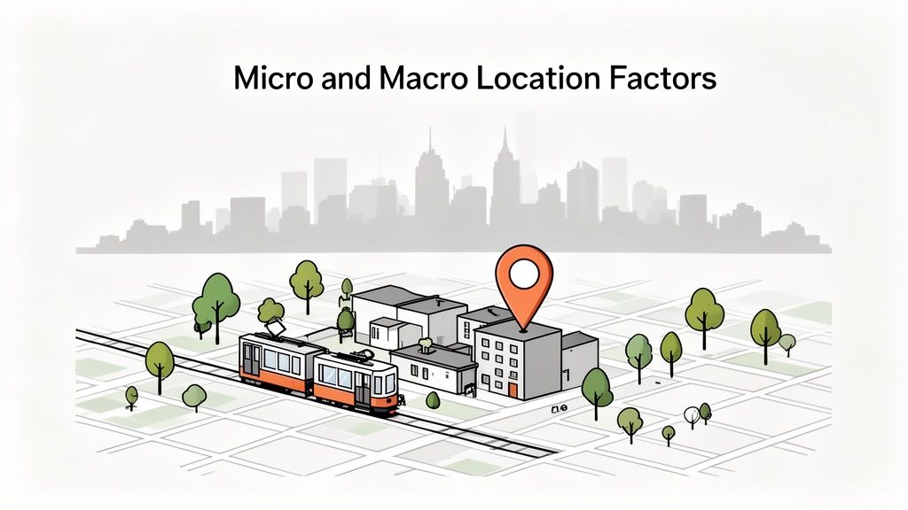Illustration von Mikro- und Makro-Standortfaktoren mit Stadtkulisse, Wohngebäuden, Straßenbahn und Standortnadel.