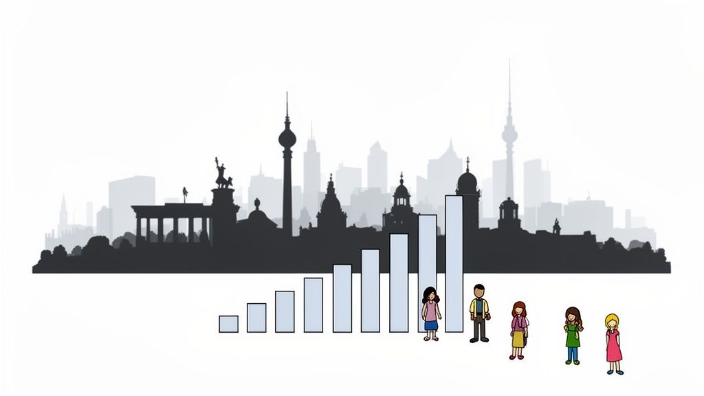 Silhouette der Berliner Skyline mit steigendem Balkendiagramm und verschiedenen Personen, die Wachstum darstellen.