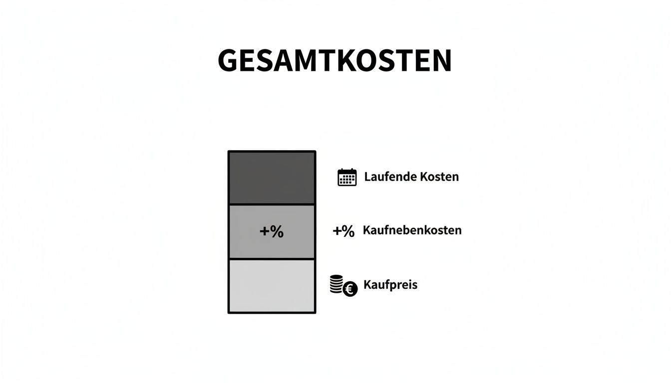Grafik zeigt die Gesamtkosten einer Immobilie aufgeschlüsselt in Kaufpreis, Kaufnebenkosten und laufende Kosten.