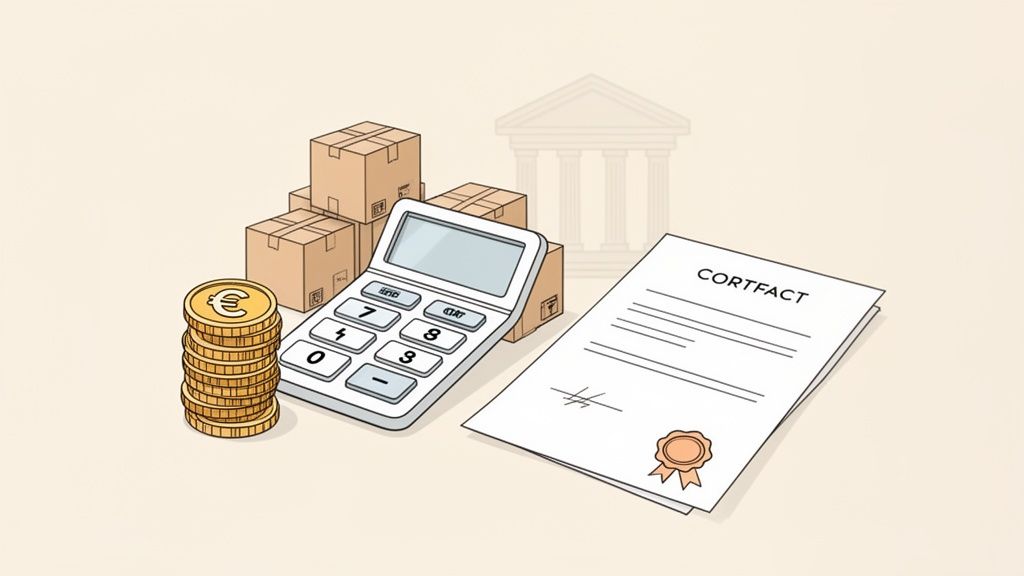 Illustration von Euro-Münzen, einem Taschenrechner und Kartons mit einem 'CORTFACT'-Dokument, im Hintergrund ein Bankgebäude.