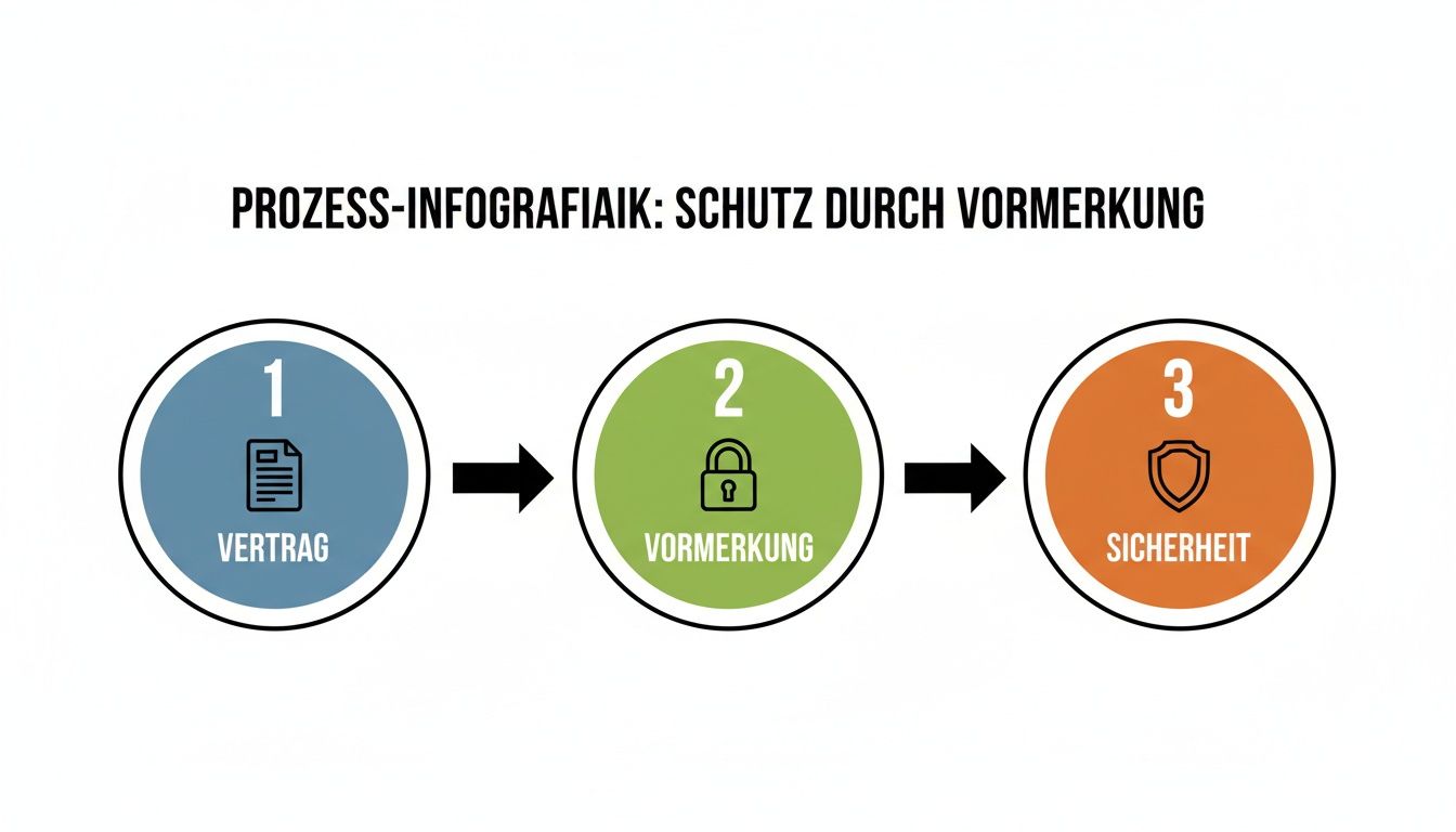 Prozess-Infografik zum Schutz durch Vormerkung, dargestellt in drei Schritten: Vertrag, Vormerkung und Sicherheit.