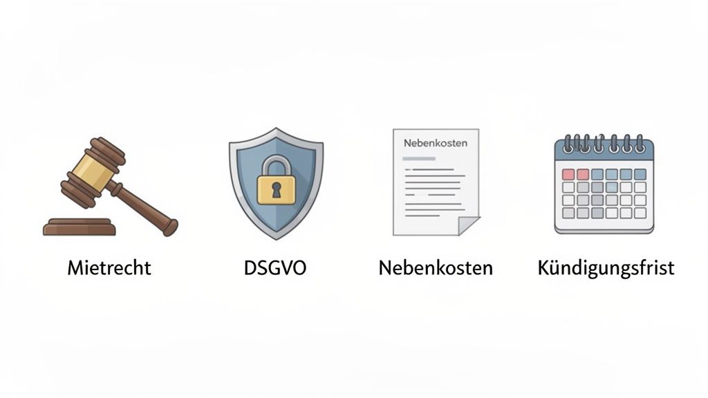 Vier Icons stellen wichtige Themen wie Mietrecht, DSGVO, Nebenkosten und Kündigungsfrist dar.