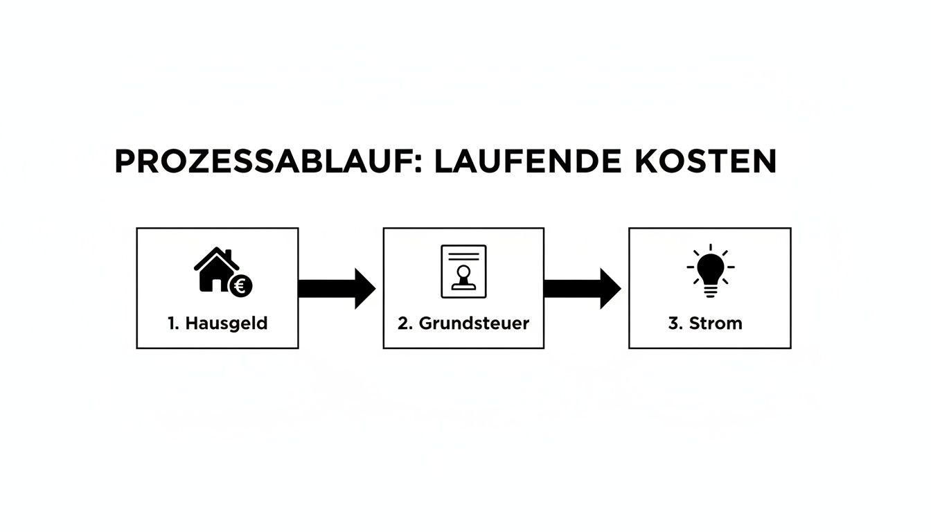 Flussdiagramm zeigt den Prozessablauf der laufenden Kosten für eine Immobilie: Hausgeld, Grundsteuer und Strom.