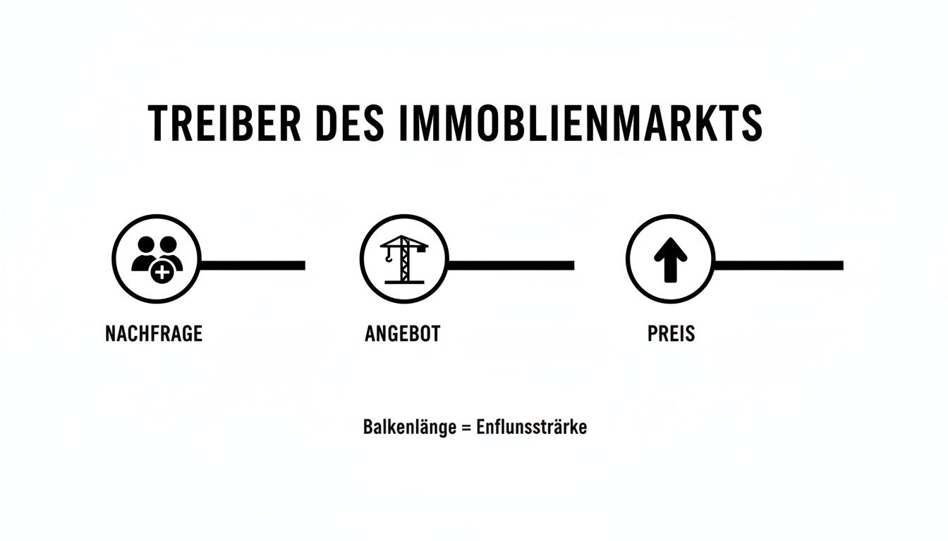 Diagramm: Treiber des Immobilienmarktes, zeigt den Einfluss von Nachfrage und Angebot auf den Preis.