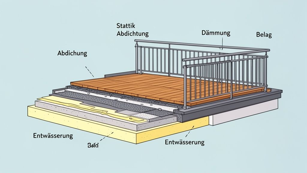 Detailansicht eines Dachterrassenaufbaus mit verschiedenen Schichten wie Abdichtung, Dämmung und Entwässerung.