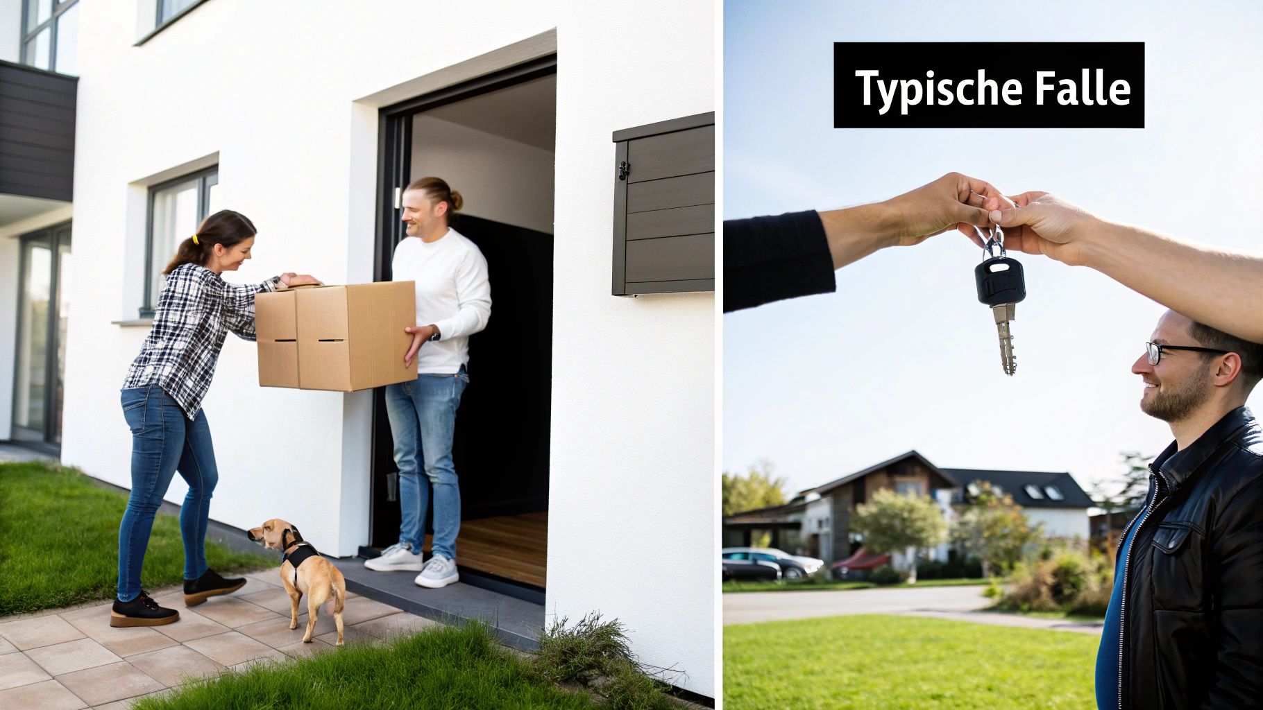 Ein Paar zieht mit Kartons in ein neues Haus, während Schlüssel übergeben werden, mit dem Text 'Typische Falle'.