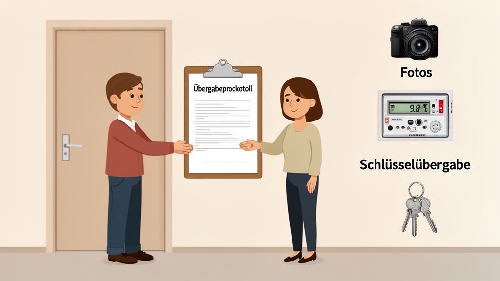 Mann und Frau übergeben ein Wohnungsübergabeprotokoll, begleitet von Symbolen für Fotos, Zähler und Schlüssel.