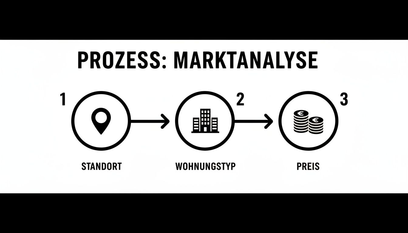 Visualisierung des Prozesses einer Marktanalyse für Immobilien mit den Schritten Standort, Wohnungstyp und Preis.