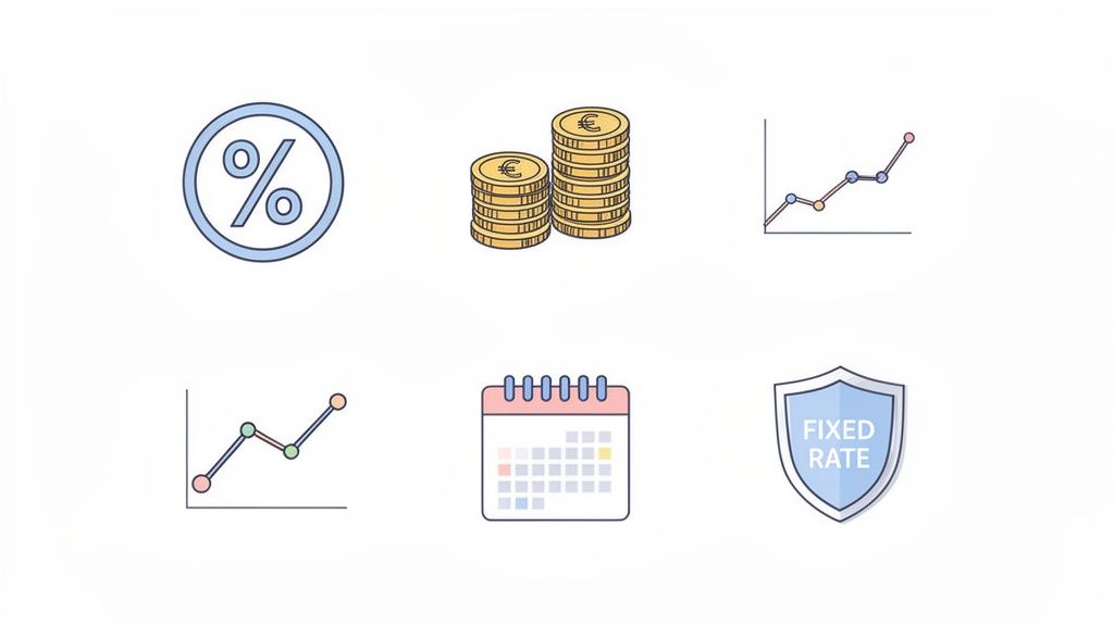 Symbole für Finanzkonzepte: Prozentsatz, Euro-Münzen, Kursentwicklung, Kalender und Schild mit 'FIXED RATE'.
