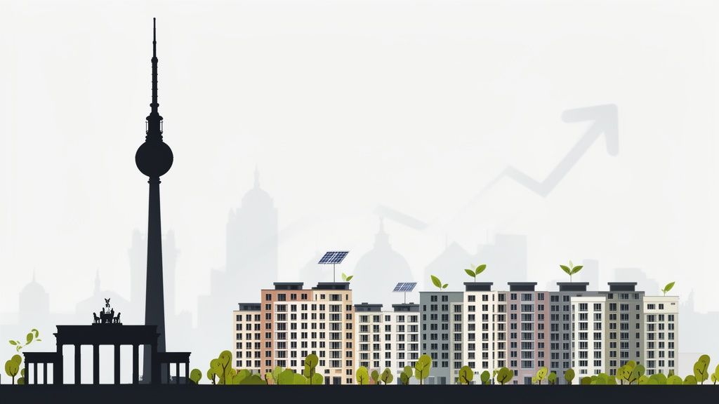 Illustration der Berliner Skyline mit Fernsehturm, Brandenburger Tor und nachhaltigen Gebäuden mit Solarpaneelen und Pflanzen.
