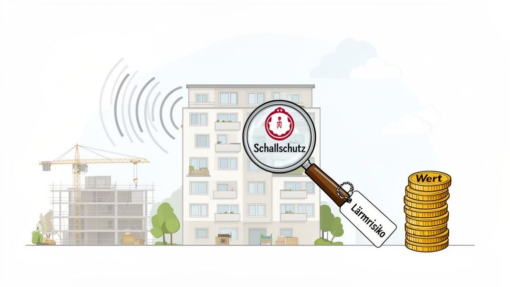 Illustration: Schallschutz im Fokus, Lärmrisiko beeinflusst den Wert von Wohngebäuden nahe einer Baustelle.